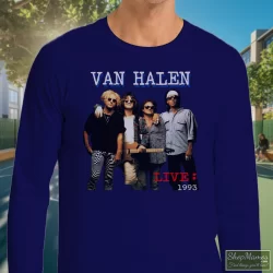 1993 Van Halen Tour Shirt 5 Men's 1993 Van Halen Tour Long Sleeve In Navy, Front View On Light Wood Background