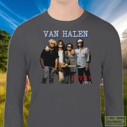 1993 Van Halen Tour Shirt 10 Men's 1993 Van Halen Tour Sweatshirt In Charcoal, Front View On Dark Wood Background