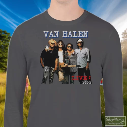 1993 Van Halen Tour Men’s Sweatshirt – Charcoal Front View On Dark Wood Background Men's 1993 Van Halen Tour Sweatshirt In Charcoal, Front View On Dark Wood Background
