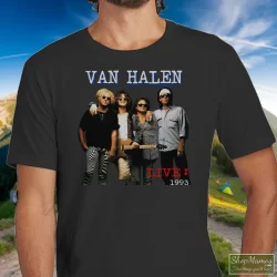 1993 Van Halen Tour Shirt 7 Men's 1993 Van Halen Tour T Shirt In Black, Front View On Light Wood Background