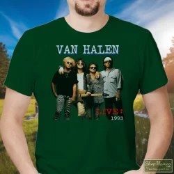 1993 Van Halen Tour Shirt 3 Men's 1993 Van Halen Tour T Shirt In Forest Green, Front View On Light Wood Background