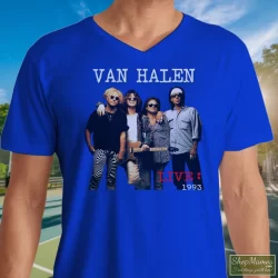 1993 Van Halen Tour Shirt 8 Men's 1993 Van Halen Tour V Neck In Royal Blue, Front View On Light Wood Background