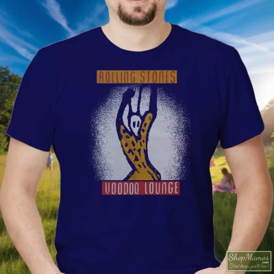 Men's 1994/95 Rolling Stones Voodoo Lounge Tour T Shirt In Navy, Front View On Light Wood Background