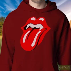 1994 Rolling Stones Halloween Voodoo Lounge Tour Shirt 8 Men's 1994 Rolling Stones Halloween Voodoo Lounge Tour Hoodie In Maroon, Front View On Light Wood Background