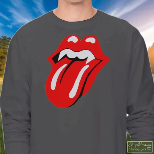 1994 Rolling Stones Halloween Voodoo Lounge Tour Men’s Long Sleeve – Charcoal Front View On Dark Wood Background Men's 1994 Rolling Stones Halloween Voodoo Lounge Tour Long Sleeve In Charcoal, Front View On Dark Wood Background