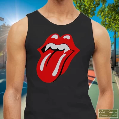 Men's 1994 Rolling Stones Halloween Voodoo Lounge Tour Tank Top In Black, Front View On Light Wood Background