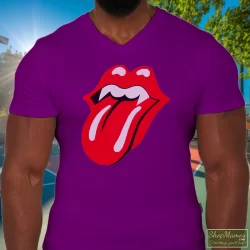 1994 Rolling Stones Halloween Voodoo Lounge Tour Shirt 7 Men's 1994 Rolling Stones Halloween Voodoo Lounge Tour V Neck In Purple, Front View On Light Wood Background
