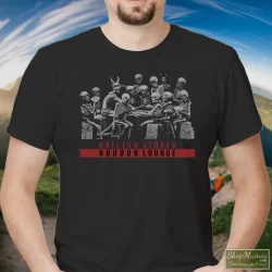 Men's 1994 Rolling Stones Voodoo Lounge Skeletons T Shirt In Black, Front View On Light Wood Background