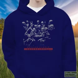 1994 Rolling Stones Voodoo Lounge Tour Shirt 9 Men's 1994 Rolling Stones Voodoo Lounge Tour Hoodie In Navy, Front View On Light Wood Background