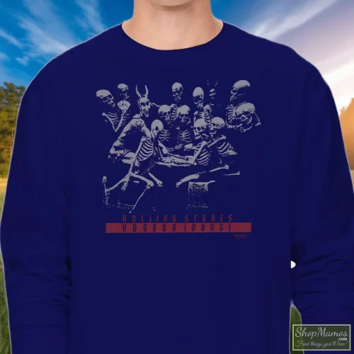 1994 Rolling Stones Voodoo Lounge Tour Men’s Long Sleeve – Navy Front View On Light Wood Background Men's 1994 Rolling Stones Voodoo Lounge Tour Long Sleeve In Navy, Front View On Light Wood Background