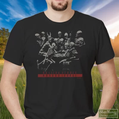 Men's 1994 Rolling Stones Voodoo Lounge Tour T Shirt In Black, Front View On Light Wood Background