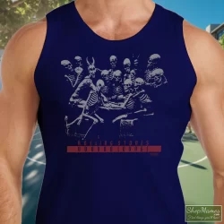 1994 Rolling Stones Voodoo Lounge Tour Shirt 8 Men's 1994 Rolling Stones Voodoo Lounge Tour Tank Top In Navy, Front View On Light Wood Background