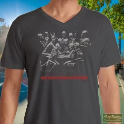 1994 Rolling Stones Voodoo Lounge Tour Shirt 3 Men's 1994 Rolling Stones Voodoo Lounge Tour V Neck In Charcoal, Front View On Dark Wood Background