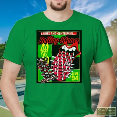 Men's 1994 Rolling Stones Voodoo Lounge World Tour T Shirt In Irish Green, Front View On Light Wood Background