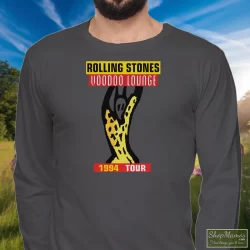 1994 The Rolling Stones Voodoo Lounge Tour Shirt 2 Men's 1994 The Rolling Stones Voodoo Lounge Tour Long Sleeve In Charcoal, Front View On Dark Wood Background