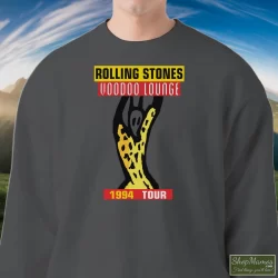 1994 The Rolling Stones Voodoo Lounge Tour Shirt 8 Men's 1994 The Rolling Stones Voodoo Lounge Tour Sweatshirt In Charcoal, Front View On Dark Wood Background