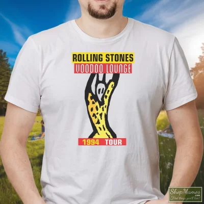 Men's 1994 The Rolling Stones Voodoo Lounge Tour T Shirt In White, Front View On Dark Wood Background