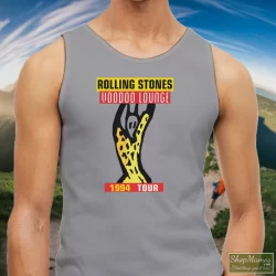 1994 The Rolling Stones Voodoo Lounge Tour Shirt 6 Men's 1994 The Rolling Stones Voodoo Lounge Tour Tank Top In Sport Grey, Front View On Dark Wood Background