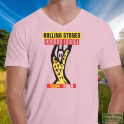 1994 The Rolling Stones Voodoo Lounge Tour Shirt 7 Men's 1994 The Rolling Stones Voodoo Lounge Tour V Neck In Light Pink, Front View On Dark Wood Background