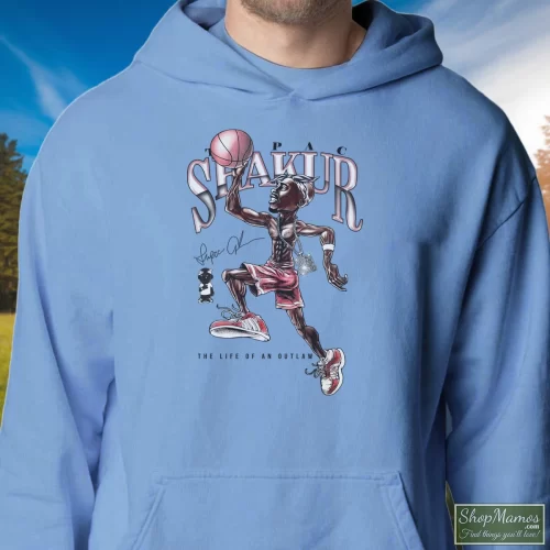 1996 Tupac Shakur 2pac Life Of An Outlaw Men’s Hoodie – Light Blue Front View On Dark Wood Background Men's 1996 Tupac Shakur 2pac Life Of An Outlaw Hoodie In Light Blue, Front View On Dark Wood Background
