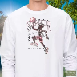 1996 Tupac Shakur 2pac Life Of An Outlaw Shirt 9 Men's 1996 Tupac Shakur 2pac Life Of An Outlaw Long Sleeve In White, Front View On Dark Wood Background
