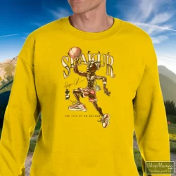 1996 Tupac Shakur 2pac Life Of An Outlaw Shirt 7 Men's 1996 Tupac Shakur 2pac Life Of An Outlaw Sweatshirt In Yellow, Front View On Dark Wood Background