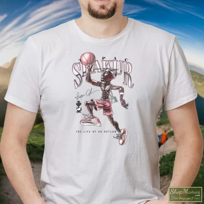 Men's 1996 Tupac Shakur 2pac Life Of An Outlaw T Shirt In White, Front View On Dark Wood Background