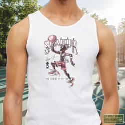 1996 Tupac Shakur 2pac Life Of An Outlaw Shirt 2 Men's 1996 Tupac Shakur 2pac Life Of An Outlaw Tank Top In White, Front View On Dark Wood Background