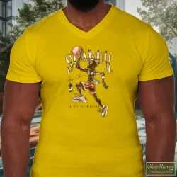 1996 Tupac Shakur 2pac Life Of An Outlaw Shirt 5 Men's 1996 Tupac Shakur 2pac Life Of An Outlaw V Neck In Yellow, Front View On Dark Wood Background