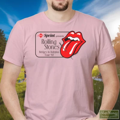 Men's 1997 Promo Tour Rolling Stones Bridges To Babylon Tour White T Shirt In Light Pink, Front View On Dark Wood Background