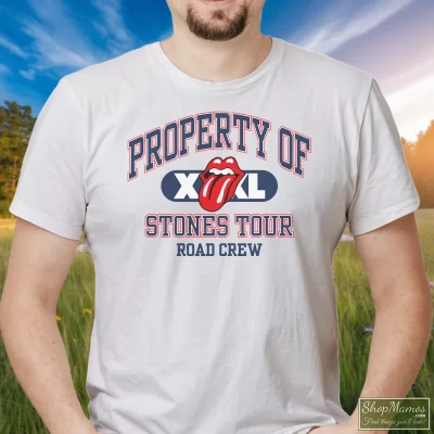 Men's 1997 Rolling Stones Property Of X Stones Tour T Shirt In White, Front View On Dark Wood Background
