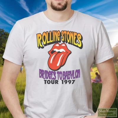 Men's 1997 The Rolling Stones Bridges To Babylon Tour T Shirt In White, Front View On Dark Wood Background