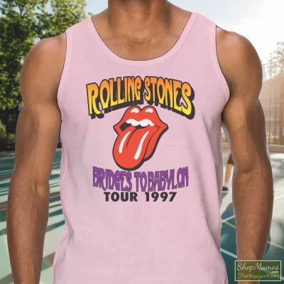 Men's 1997 The Rolling Stones Bridges To Babylon Tour Tank Top In Light Pink, Front View On Dark Wood Background