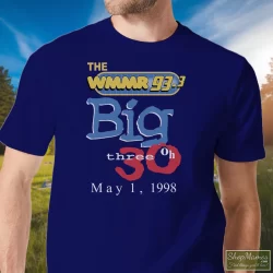 1998 90s Wmmr Radio Station Music Rock Tee Pink Floyd Rolling Stones Led Zeppelin Shirt 9 Men's 1998 90s Wmmr Radio Station Music Rock Pink Floyd Rolling Stones Led Zeppelin T Shirt In Navy, Front View On Light Wood Background