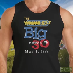 1998 90s Wmmr Radio Station Music Rock Tee Pink Floyd Rolling Stones Led Zeppelin Shirt 7 Men's 1998 90s Wmmr Radio Station Music Rock Pink Floyd Rolling Stones Led Zeppelin Tank Top In Black, Front View On Light Wood Background