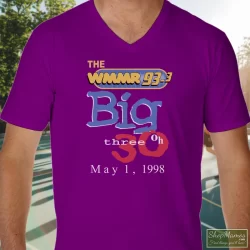 1998 90s Wmmr Radio Station Music Rock Tee Pink Floyd Rolling Stones Led Zeppelin Shirt 5 Men's 1998 90s Wmmr Radio Station Music Rock Pink Floyd Rolling Stones Led Zeppelin V Neck In Purple, Front View On Light Wood Background