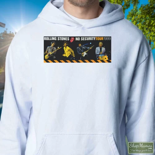 1999 Rolling Stones No Security Tour Men’s Hoodie – White Front View On Dark Wood Background Men's 1999 Rolling Stones No Security Tour Hoodie In White, Front View On Dark Wood Background