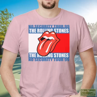 Men's 1999 Rolling Stones No Security Tour T Shirt In Light Pink, Front View On Dark Wood Background