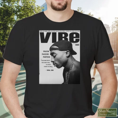 2 Pac Tupac Shakur Vibe Magazine Deathrow Records Rap Hip Hip Hop Makaveli Men’s T Shirt – Black Front View On Light Wood Background Men's 2 Pac Tupac Shakur Vibe Magazine Deathrow Records Rap Hip Hip Hop Makaveli T Shirt In Black, Front View On Light Wood Background