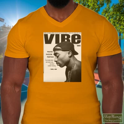 Men's 2 Pac Tupac Shakur Vibe Magazine Deathrow Records Rap Hip Hip Hop Makaveli V Neck In Orange, Front View On Dark Wood Background