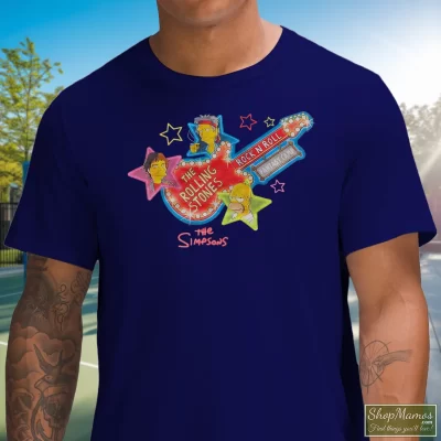Men's 2002 Rolling Stones The Simpson T Shirt In Navy, Front View On Light Wood Background