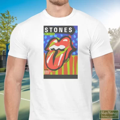 Men's 2019 Rolling Stones No Filter T Shirt In White, Front View On Dark Wood Background