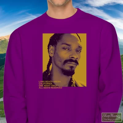 Men's 2019 Snoop Dogg Long Beach Arena California One Night Only Sweatshirt In Purple, Front View On Light Wood Background