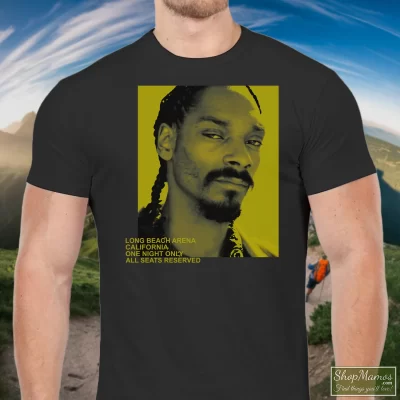 Men's 2019 Snoop Dogg Long Beach Arena California One Night Only T Shirt In Black, Front View On Light Wood Background
