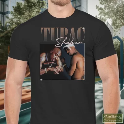 Men's 2pac Tupac Shakur Rap Hip Hop 90s Retro T Shirt In Black, Front View On Light Wood Background