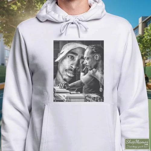 2pac Tupac Shakur Snoop Doggy Dogg Men’s Hoodie – White Front View On Dark Wood Background Men's 2pac Tupac Shakur Snoop Doggy Dogg Hoodie In White, Front View On Dark Wood Background