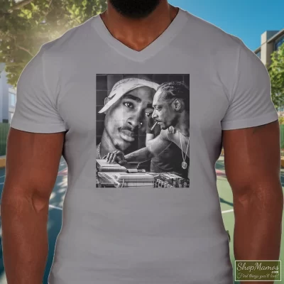 Men's 2pac Tupac Shakur Snoop Doggy Dogg V Neck In Sport Grey, Front View On Dark Wood Background