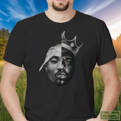 Men's 2pac X Notorious B I G Tupac Shakur And Biggie T Shirt In Black, Front View On Light Wood Background