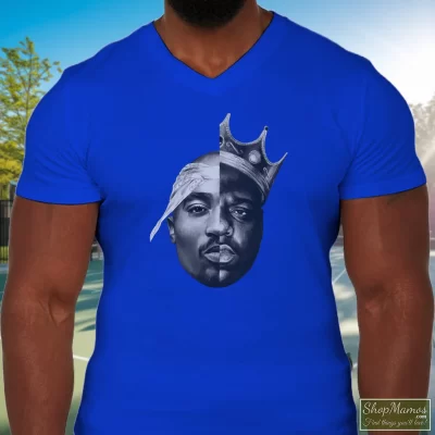 Men's 2pac X Notorious B I G Tupac Shakur And Biggie V Neck In Royal Blue, Front View On Light Wood Background