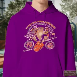 70s 1979 New Barbarians Rolling Stones Concert Tour Shirt 3 Men's 70s 1979 New Barbarians Rolling Stones Concert Tour Hoodie In Purple, Front View On Light Wood Background